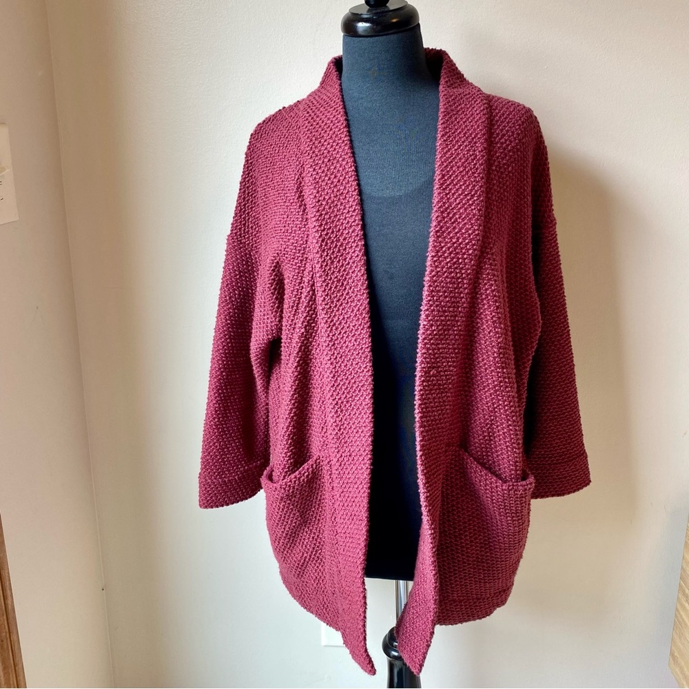 MARINE LAYER Birdseye Cardigan Rhododendron Maroon Red Boucle Cotton Oversized